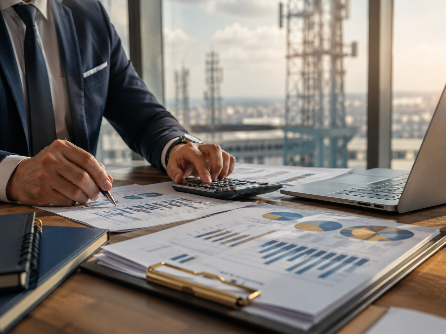 Infrastructure advisor reviewing project documents, charts, and planning materials