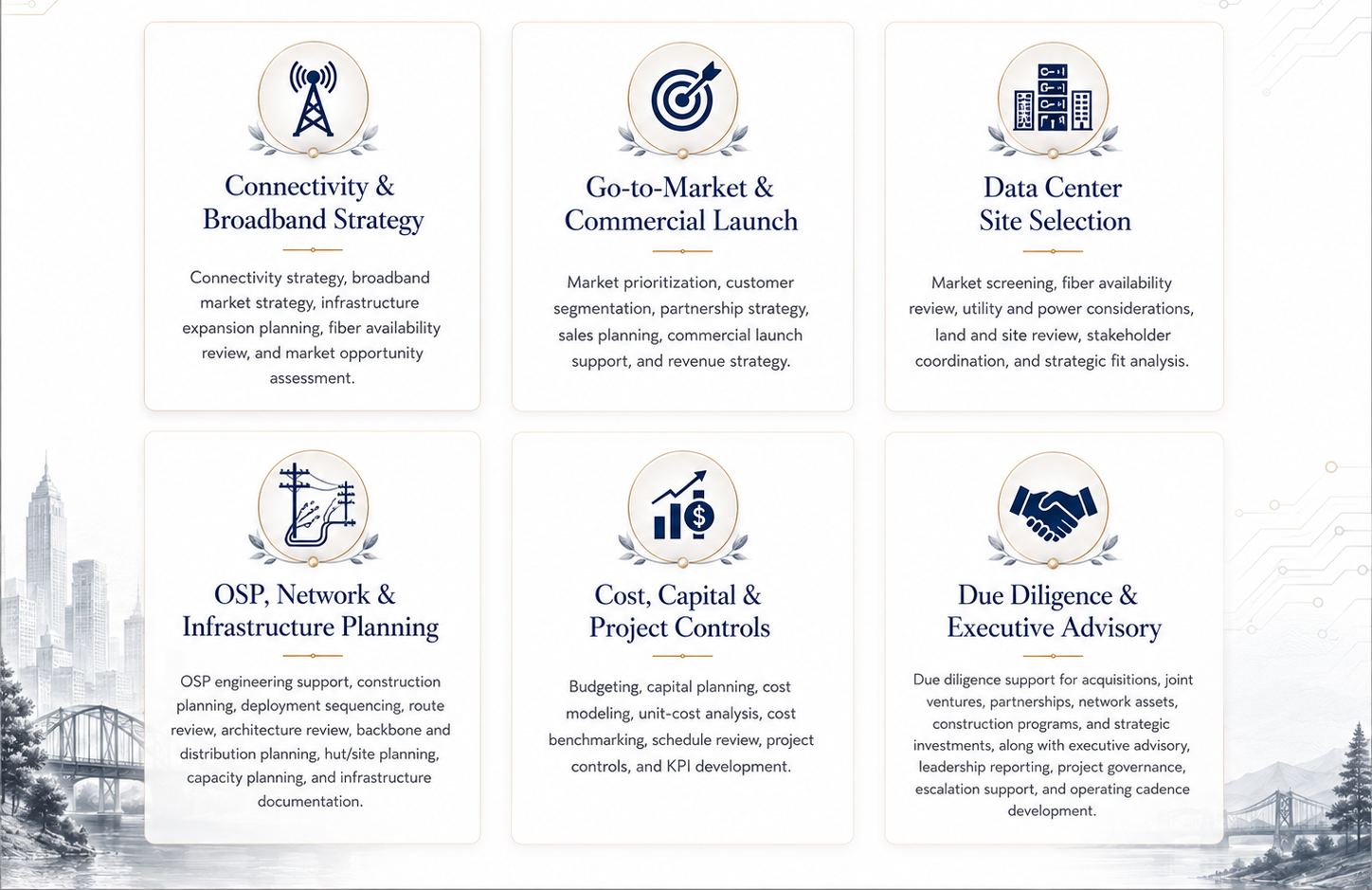 Six service cards for connectivity strategy, market launch, site selection, planning, controls, and advisory