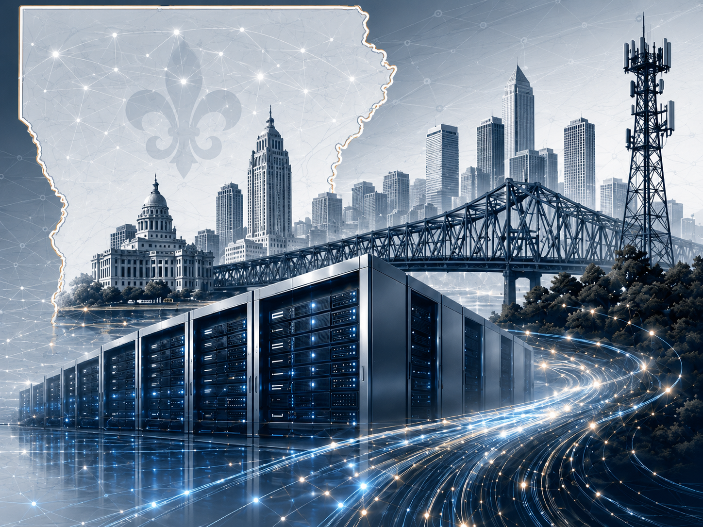 Digital infrastructure cityscape with data center, skyline, network lines, and connectivity theme