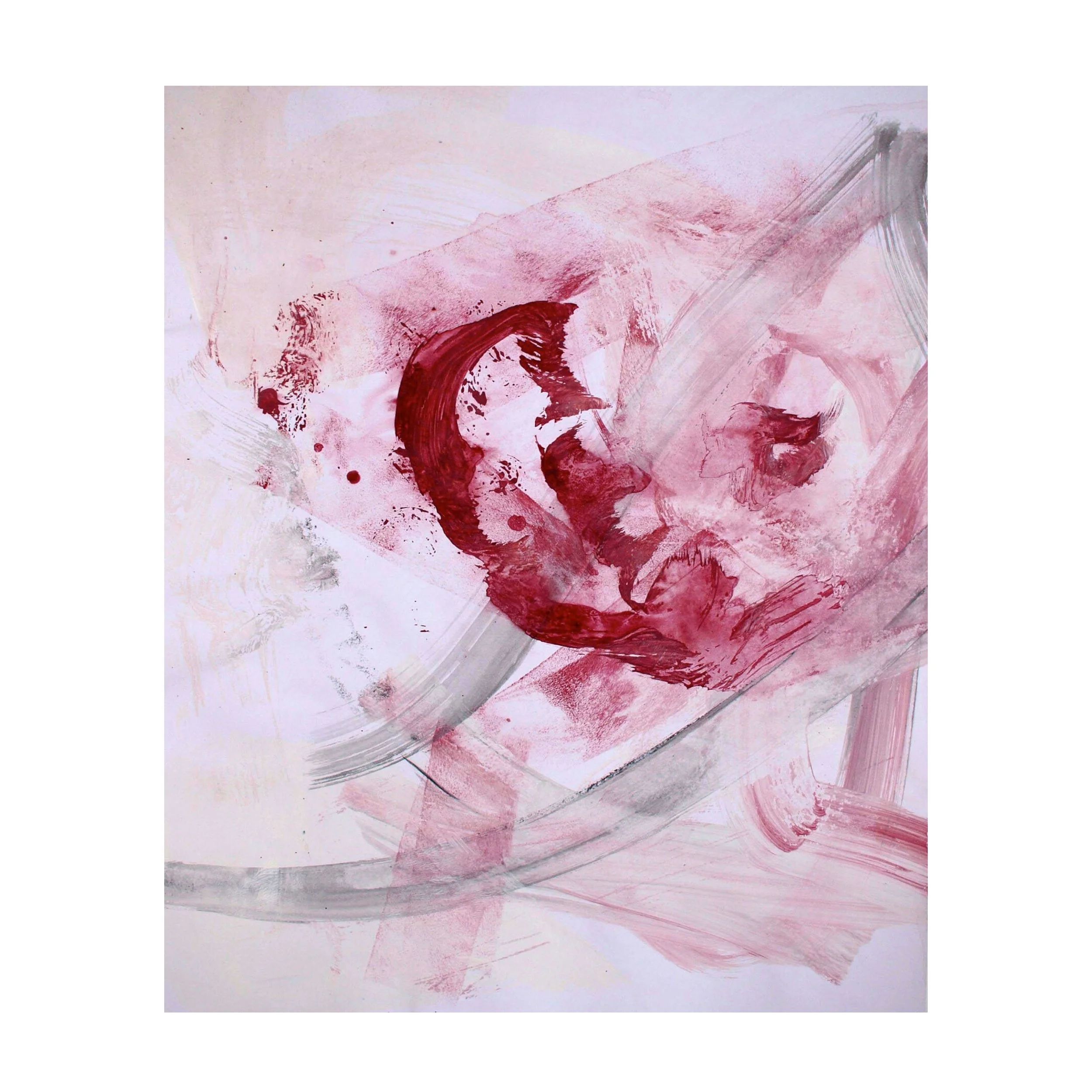 Abstract painting with pink, red, gray, and white brushstrokes and textures.