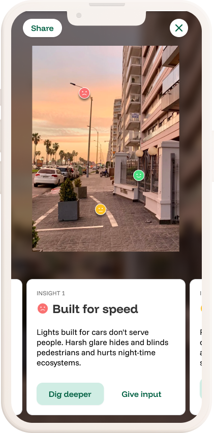 A city sidewalk at sunset with multi-story buildings, parked cars, and streetlights, featuring green, yellow, and red emoji icons indicating different opinions.