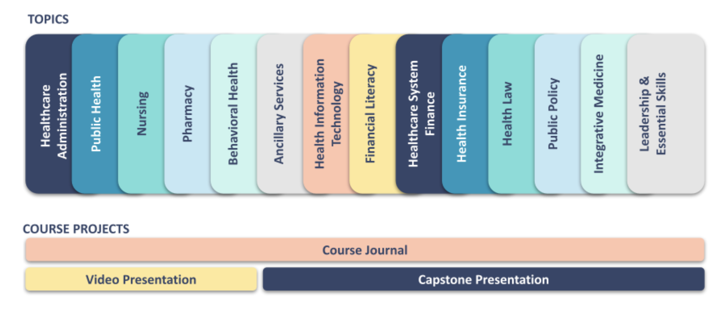 A graphic displaying various healthcare and public health topics in a horizontal flowchart, including Health Care Administration, Public Health, Nursing, Pharmacy, Behavioral Health, Ancillary Services, Healthcare Information Technology, Financial Literacy, Healthcare System, Healthcare Finance, Health Law, Public Policy, Intergenerational Medicine, and Essential Skills, with course projects categorized as Course Journal, Video Presentation, and Capstone Presentation.