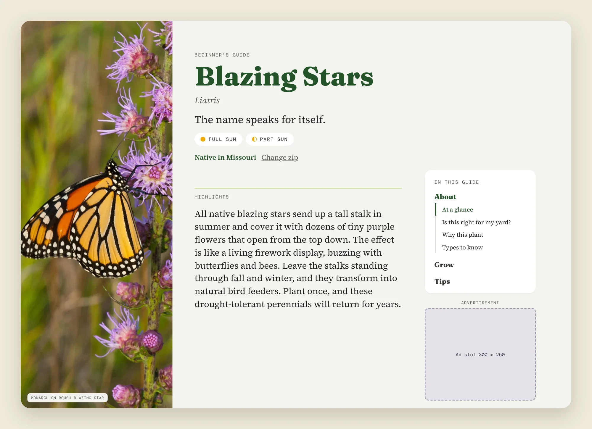 Plant profile page with a pinned guide menu on the right and an ad below it.