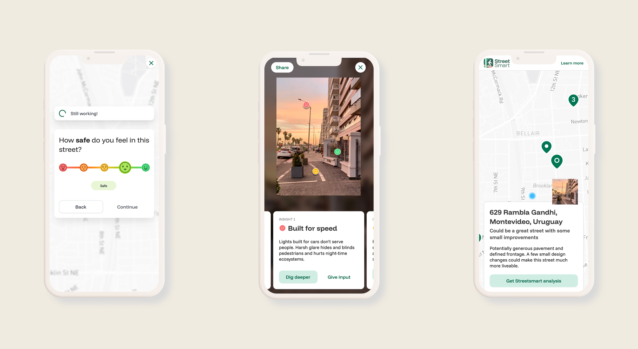 Three smartphone screens displaying an app interface related to street safety and analysis. The first screen shows a street safety feedback form, the second displays a photo of a street scene during sunset with insights about the street, and the third shows a map with street markers and an address in Montevideo, Uruguay.