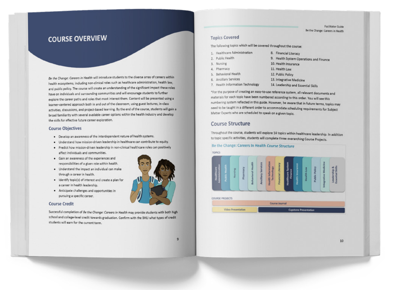 Open educational course guidebook with the title 'Be the Change: Careers in Health.' The left page has a course overview, objectives, and a cartoon illustration of two diverse students holding notebooks. The right page lists topics covered, course structure, and associated course projects, with color-coded sections and a small bar chart.