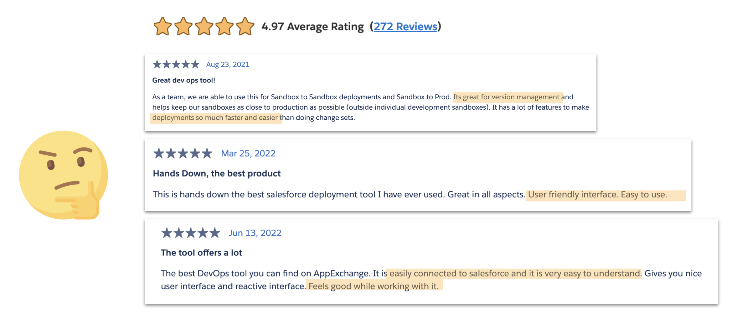 A collection of customer reviews and ratings for a DevOps tool, including a 4.97-star average rating, with highlighted comments about version management, ease of use, and Salesforce integration, accompanied by a thinking face emoji.
