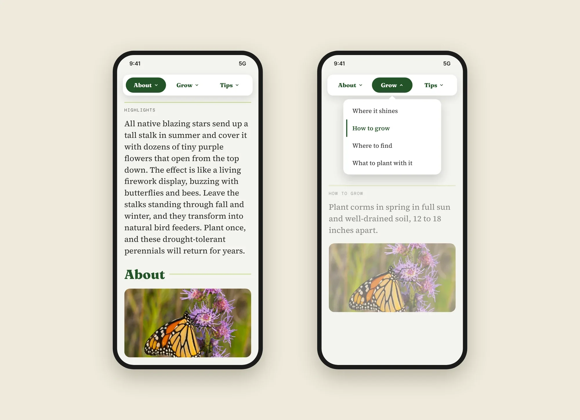 Two phone screens. One shows a pinned About, Grow and Tips bar. The other shows the Grow list open.