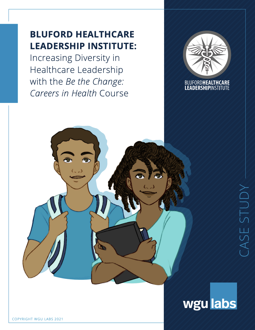 Cover page of a case study booklet for the Bluford Healthcare Leadership Institute, featuring two illustrated young students, a boy with a backpack and a girl holding a tablet, with the institute's logo and text describing the program for increasing diversity in healthcare leadership.