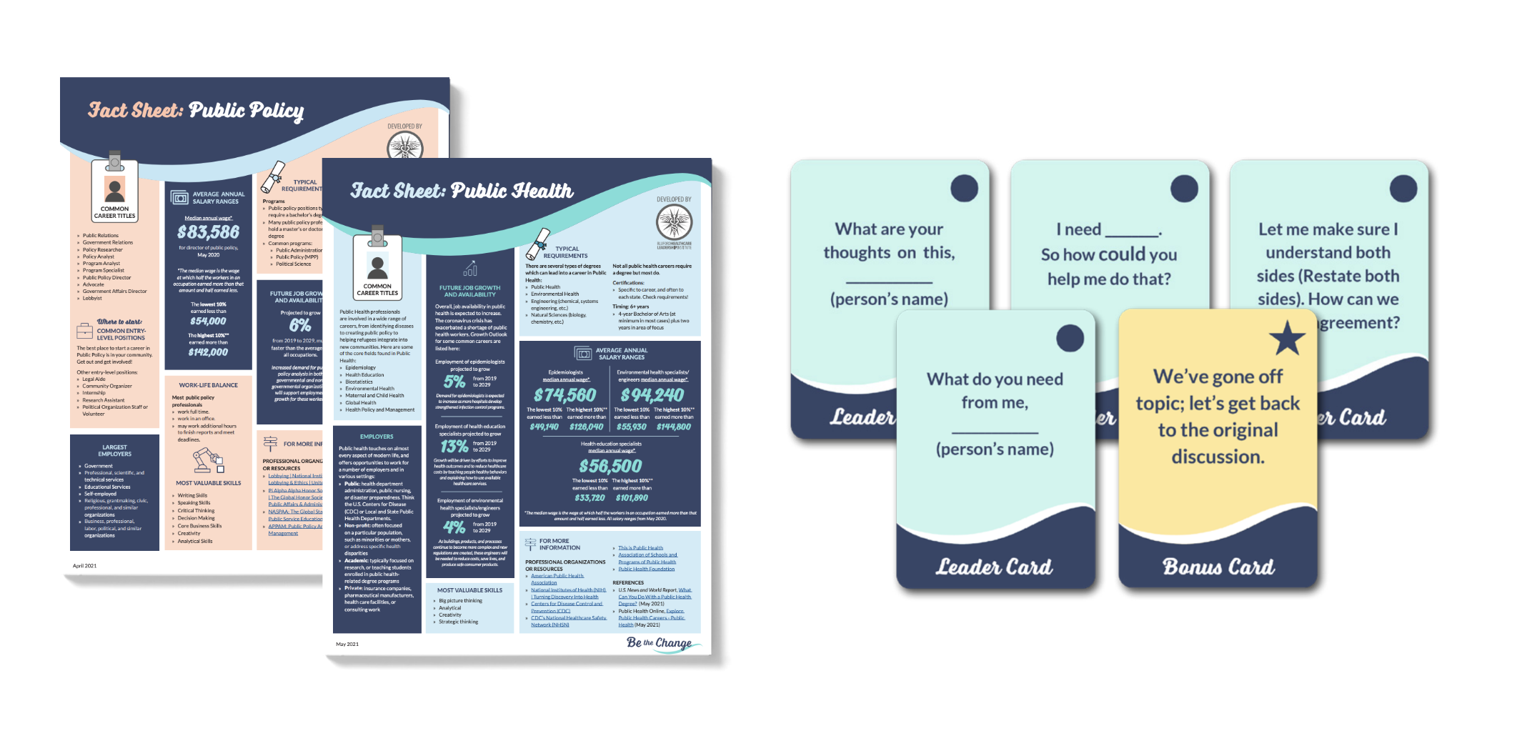 Colorful infographic and flashcards about public policy, public health, and career information, with sections including facts, career titles, typical requirements, and discussion prompts.