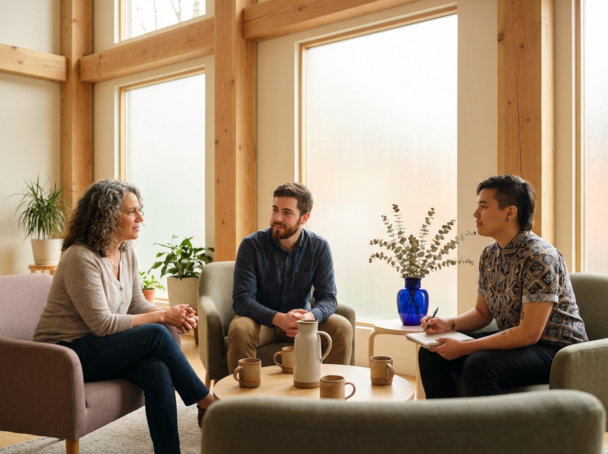 Three people sitting in a cozy, warmly lit room with large frosted windows, wooden beams, and plants, engaged in a conversation. One woman and two men, with coffee mugs and a ceramic pitcher on the coffee table.