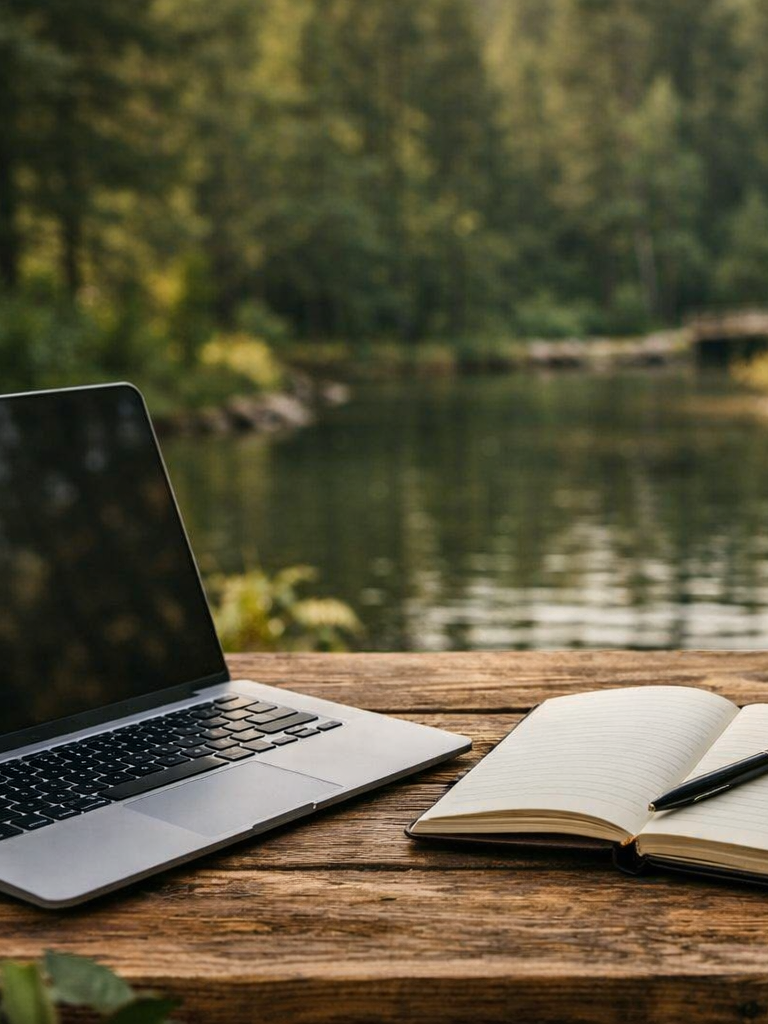 Laptop, open notebook, and pen on a wooden table outdoors near a river with green trees in the background.
