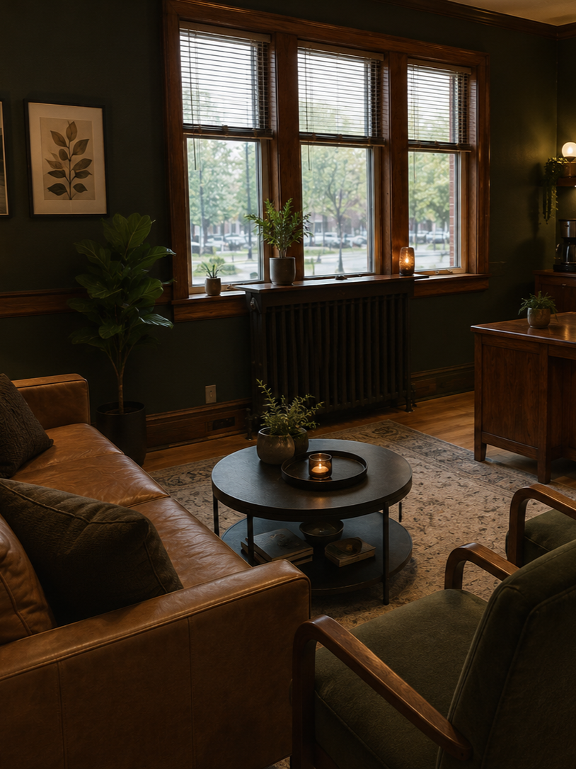 Cozy living room with large windows, green walls, leather sofa, wooden armchair, coffee table with plants and candles, framed botanical art, and indoor plants.