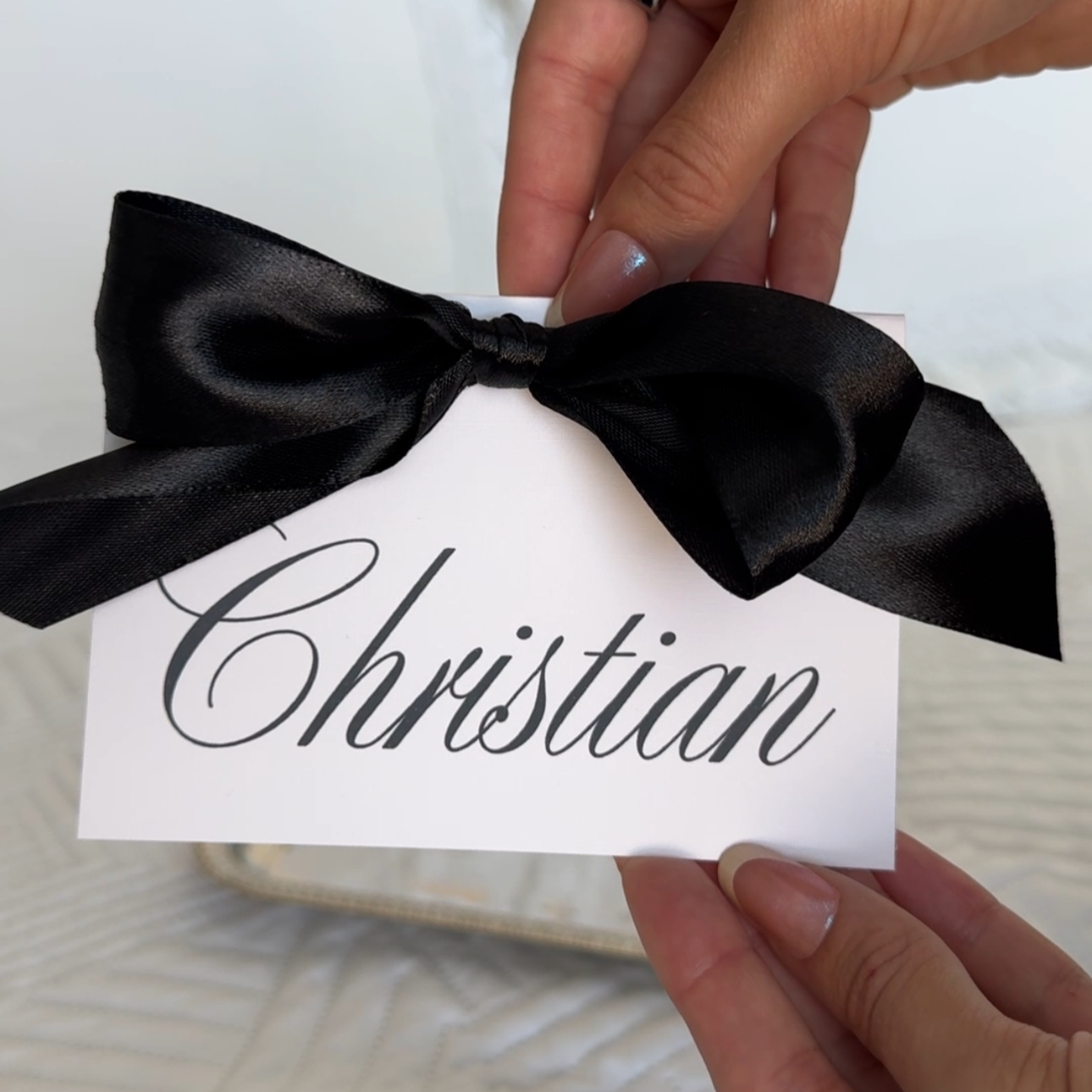 Classic Black Satin Bow Place Cards | Personalized Wedding Name Cards | Folded Escort Cards | Bridal Shower Black Tie Event Decor
