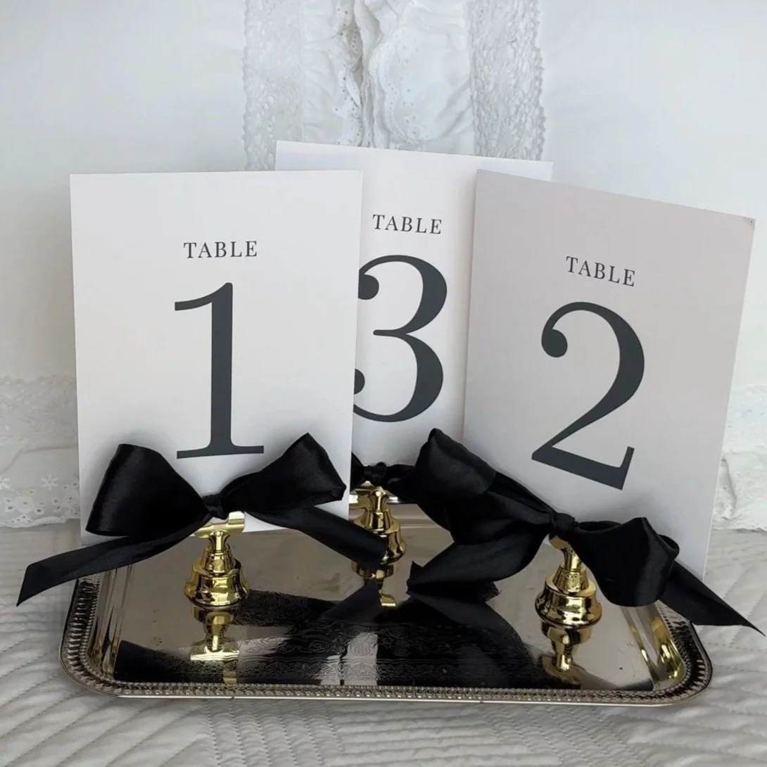 Classic Bow Tie Table Numbers | Black Satin Bow Table Cards | Wedding Reception Decor | Black Tie Event Numbers