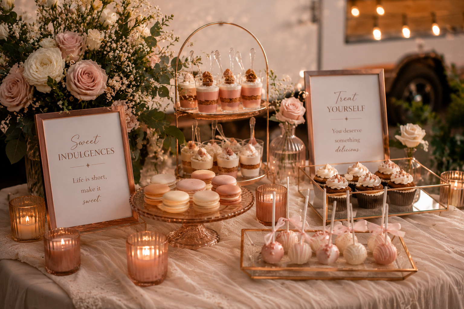A dessert table with pink and white cupcakes, macarons, and parfaits, decorated with flowers and candles, featuring signs that say 'Sweet Indulgences' and 'Treat Yourself'.