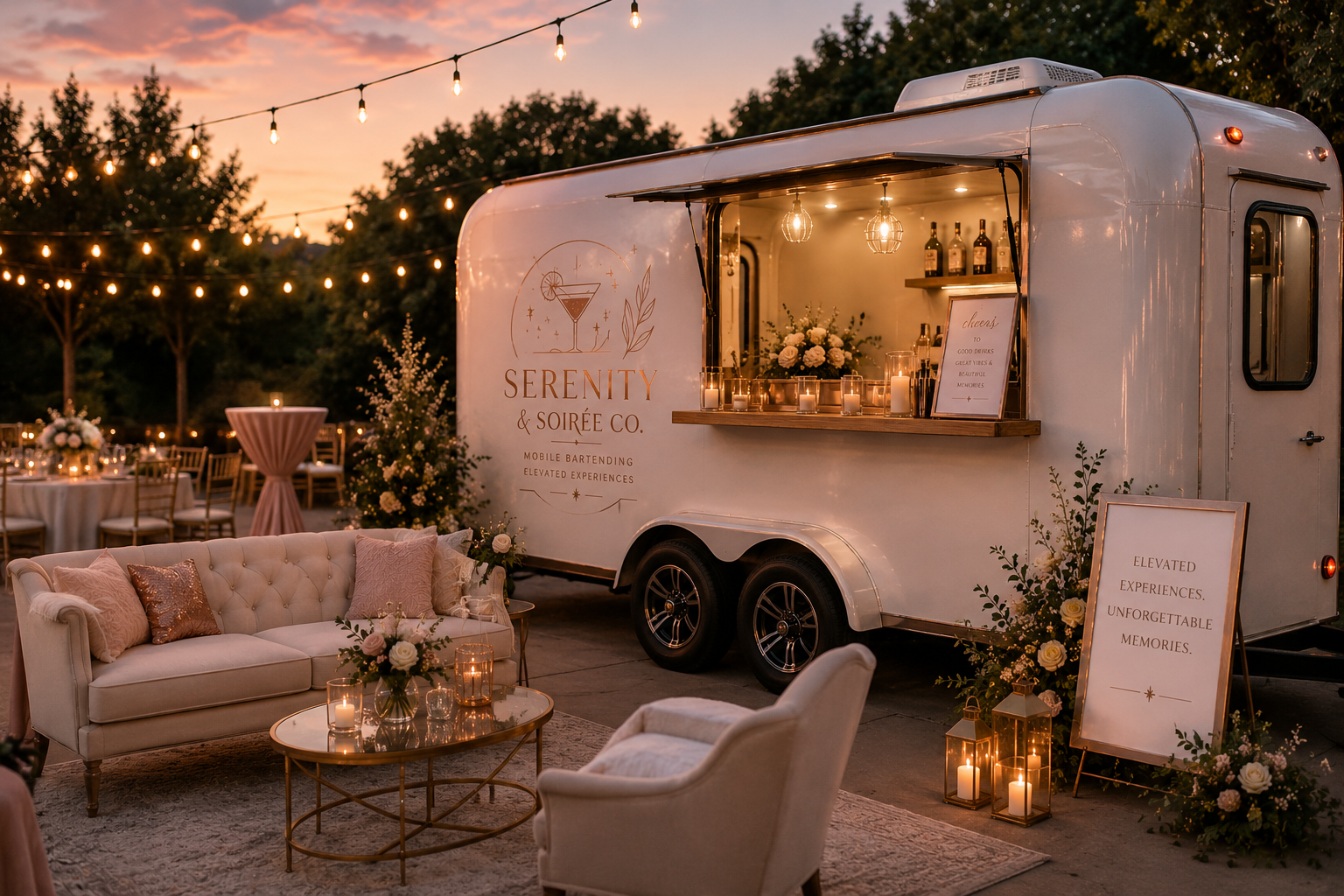 An outdoor evening event setup features a white mobile bar trailer with the words 'Serenity & Soirée Co' and 'Mobile Bartending Elevated Experiences' on its side, surrounded by elegant furniture, soft candlelight, floral arrangements, and string lights overhead.