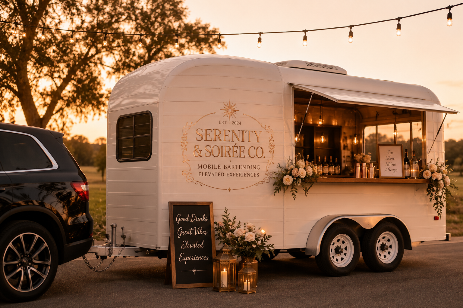 A white mobile bar trailer decorated with flowers at sunset, serving drinks with a sign that reads 'Serenity & Soirée Co., Mobile Bartending, Elevated Experiences'.