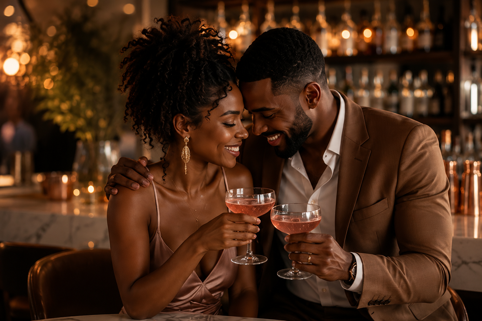 A couple sharing a intimate moment at a bar, smiling and holding glasses of rosé wine.