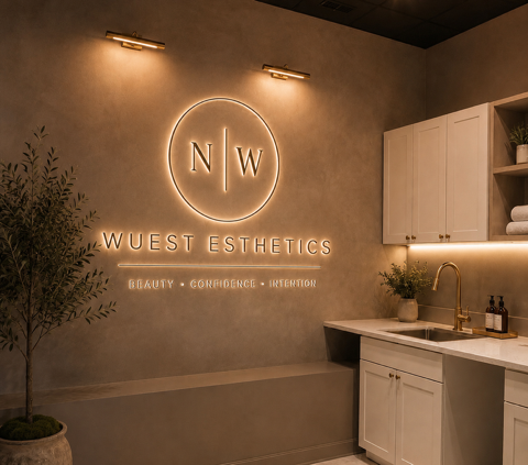 Interior of West Esthetics clinic with neon sign featuring a circle with 'N' and 'W', and the words 'Beauty', 'Confidence', 'Interior' on the wall.
