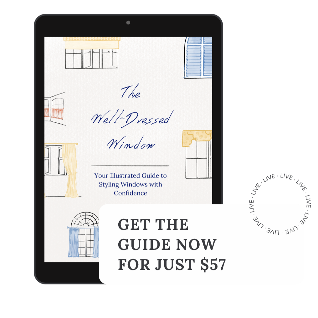 Book titled "The Well-Dressed Window" with illustrations of various styled windows on the cover, and a promotional tag offering the guide for $57.