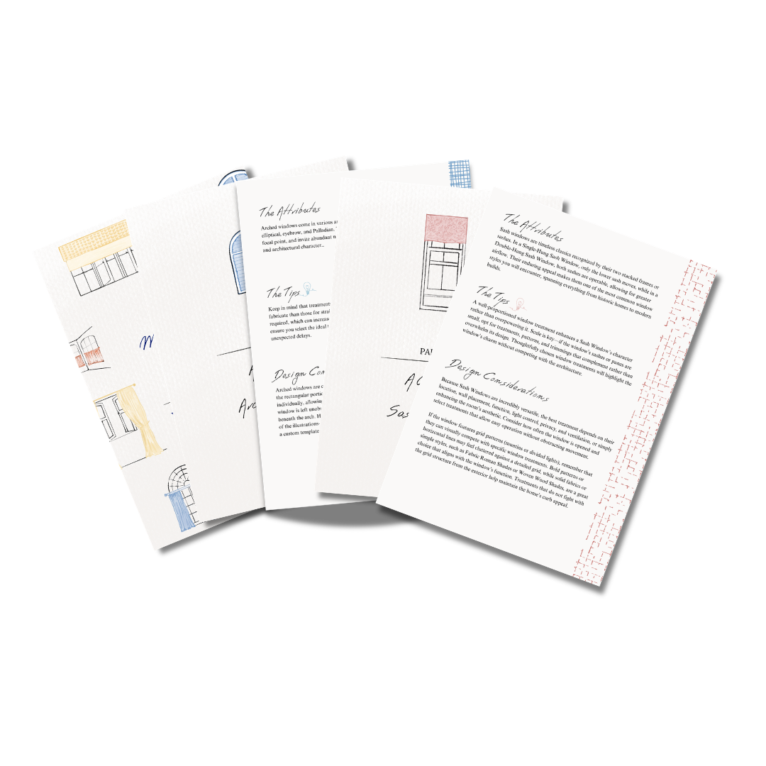 Three printed pages with architectural sketches, notes, and design considerations for windows.