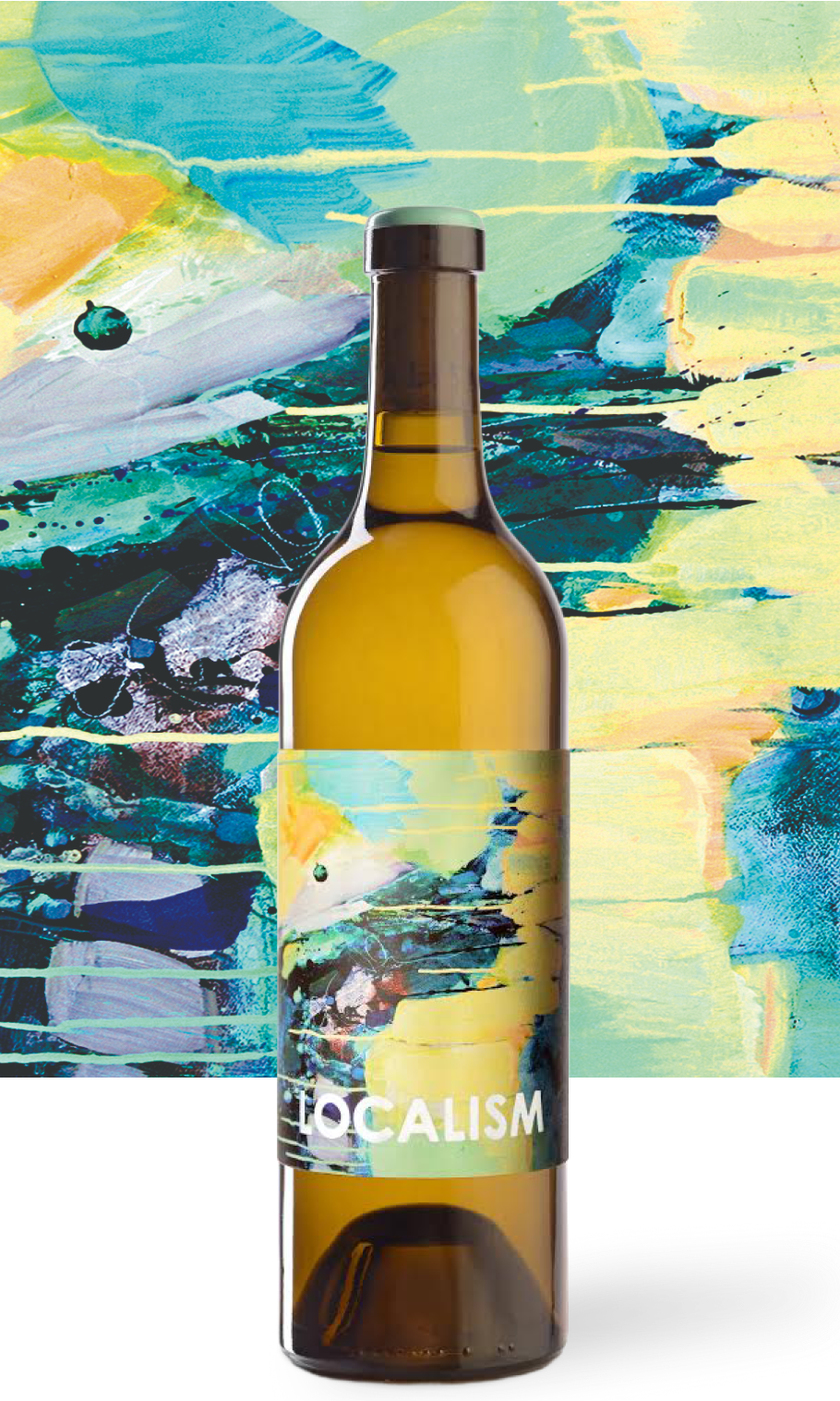 A beer bottle with an abstract and colorful art label that says "LOCALISM" in capital letters.