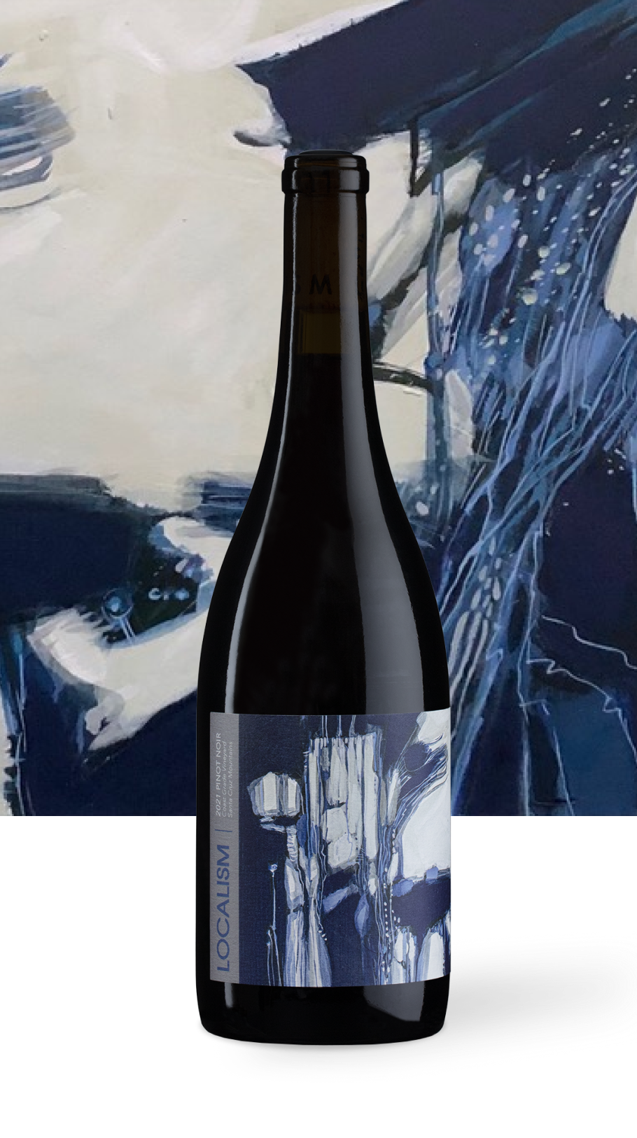 A black wine bottle with a blue, white, and gray label featuring an abstract painting with waterfalls and trees, placed in front of a large abstract artwork with similar colors and themes.