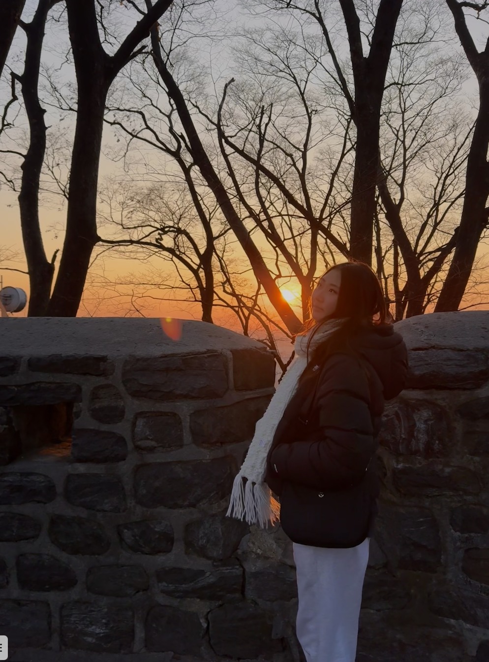 A woman standing by a stone wall during sunset, looking to the side, with leafless trees in the background.