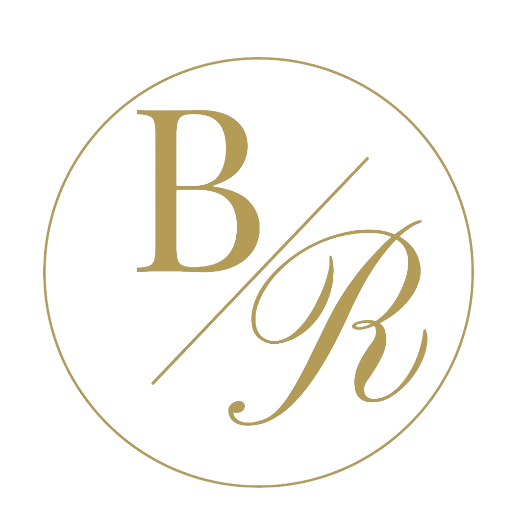 Logo with gold initials B and R, separated by a diagonal line, inside a gold circle on a beige background.