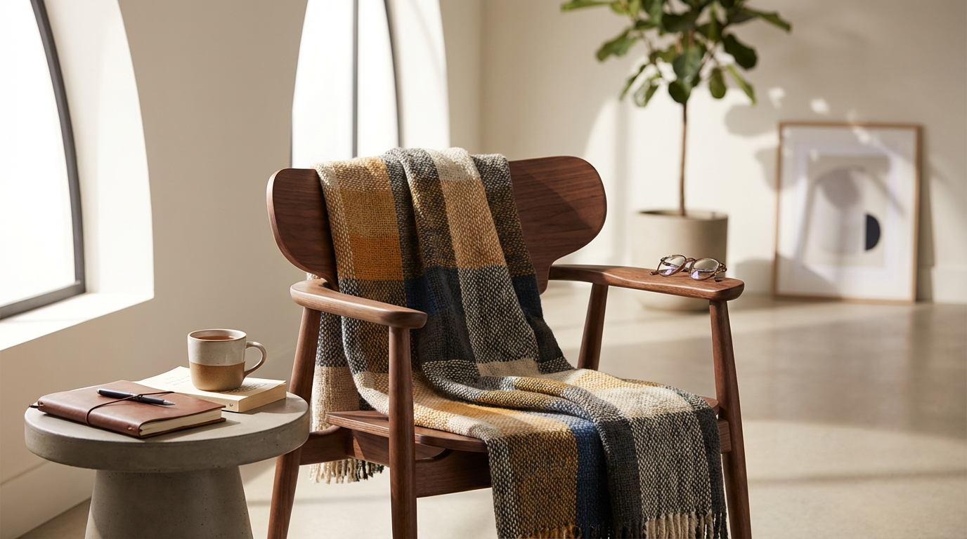 A wooden chair with a plaid blanket draped over its backrest and seat, positioned next to a small, round concrete side table. The side table holds a brown journal, a pen, and a textured ceramic mug. In the background, there's a potted plant with green leaves, a framed abstract art piece, and sunlight streaming through arched windows.