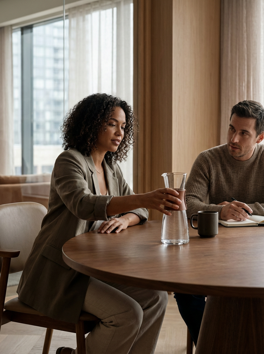 A woman and a man sitting at a wooden table in a modern room with large windows. The woman is pouring water from a glass pitcher into a glass, and the man is taking notes in a notebook.