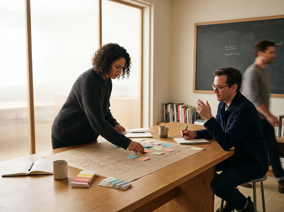 Two people working at a wooden table with colorful sticky notes, notebooks, and coffee mugs in a bright room with a blackboard and bookshelves in the background.