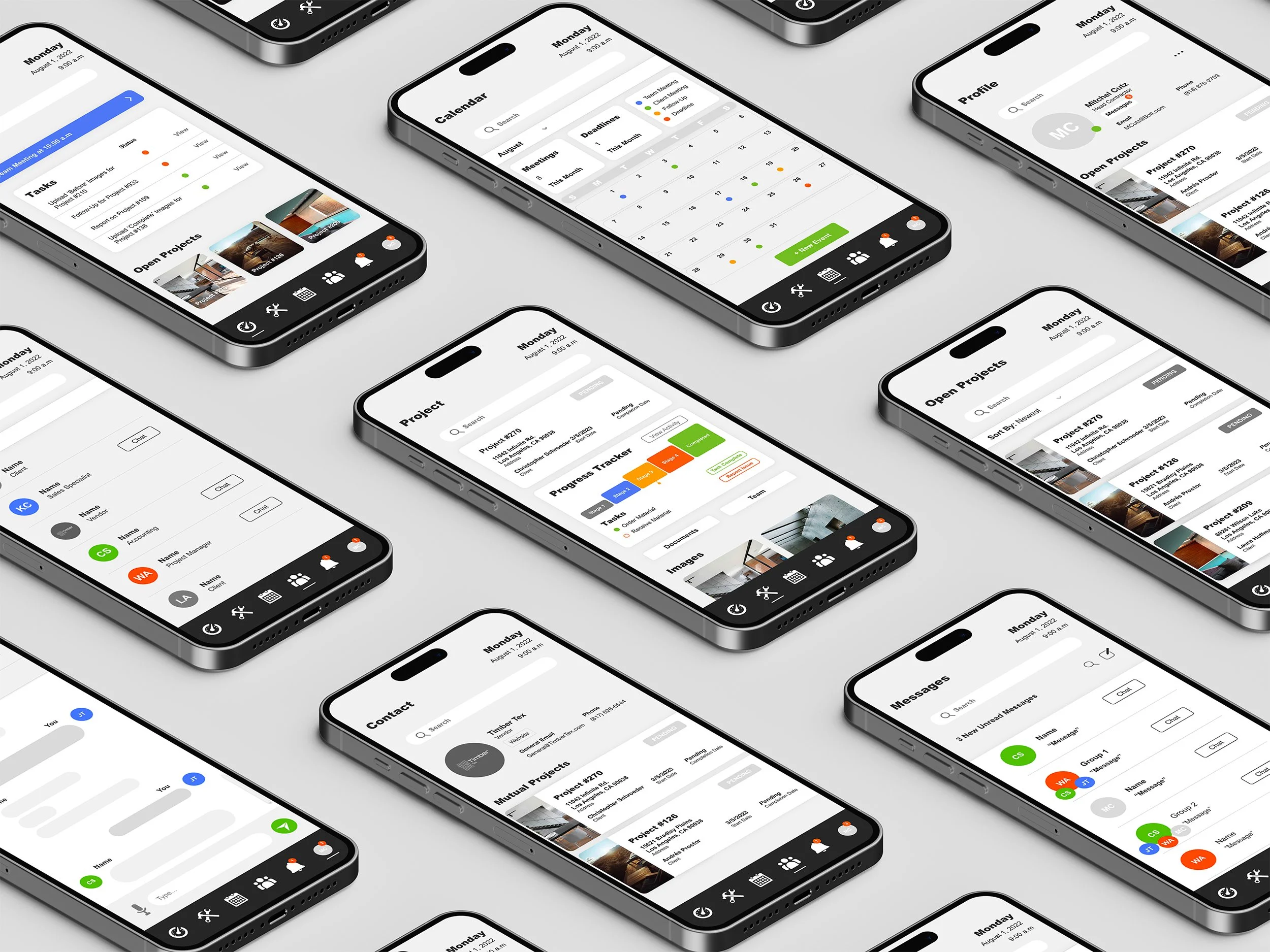 Multiple black smartphones displaying various home screen app views, including tasks, calendar, profile, projects, contact list, progress tracker, and messages, laid out on a gray surface.
