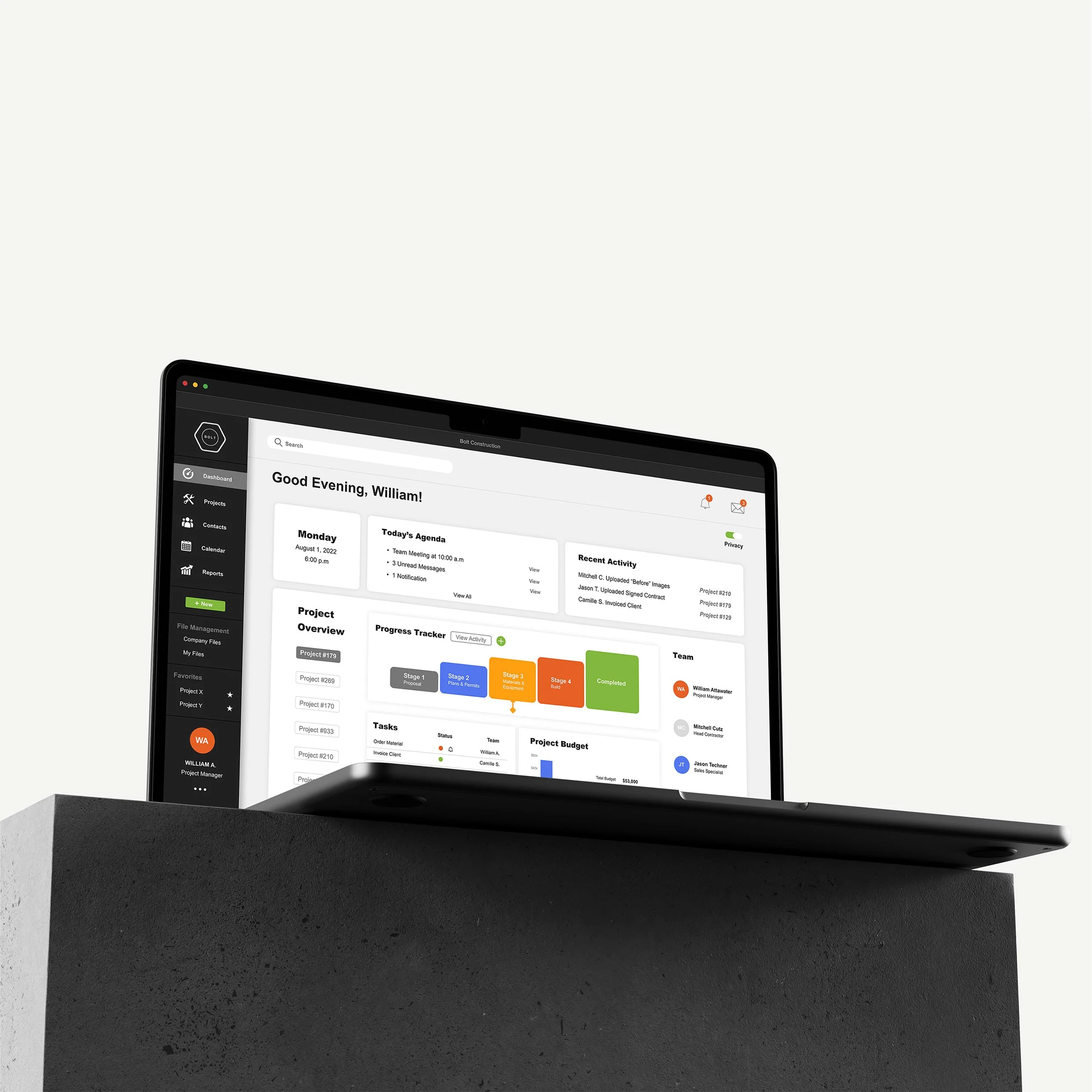 Computer screen displaying a project management dashboard with tasks, project overview, and team details.