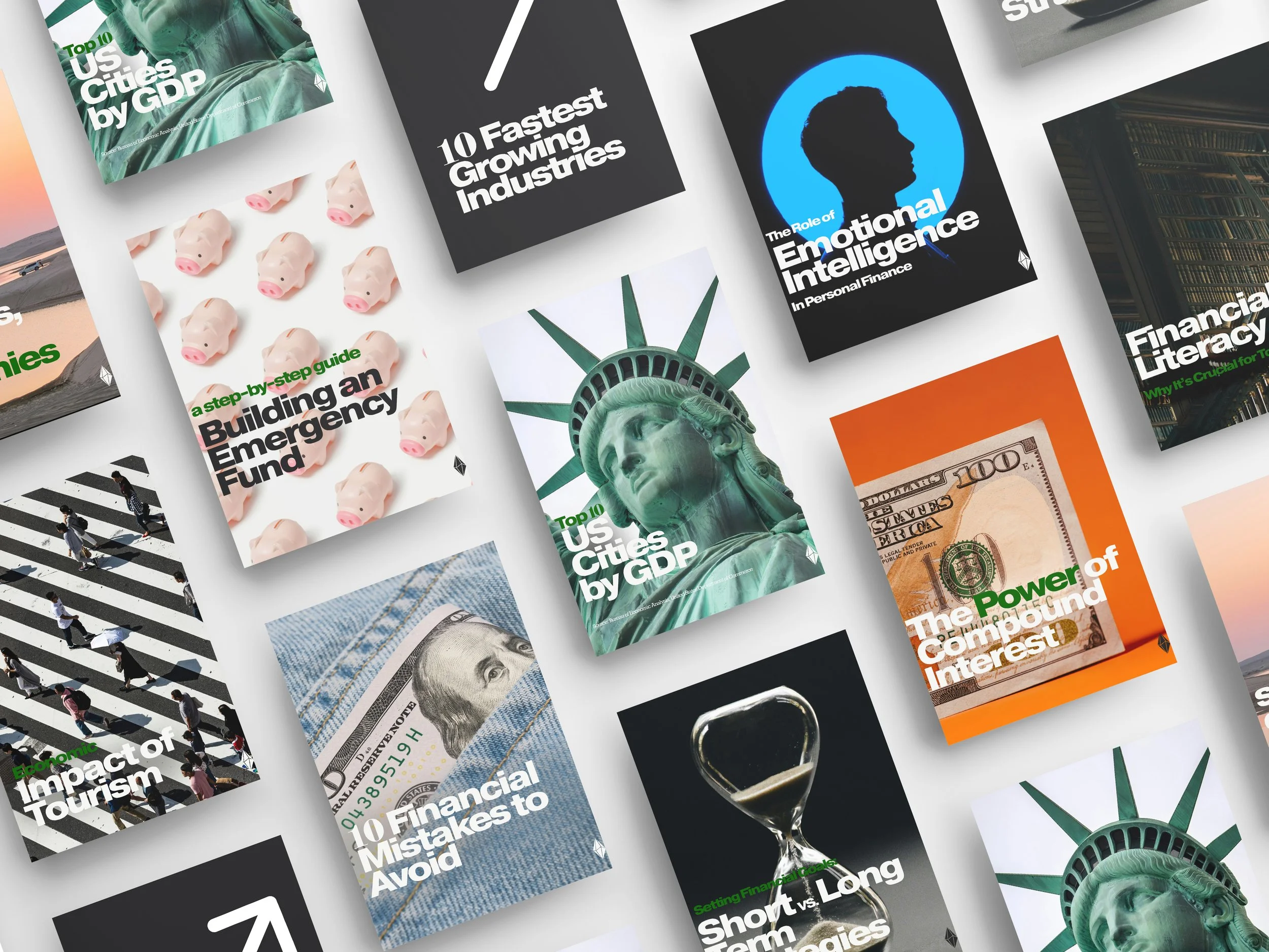 Various magazine covers with headlines about economy, finance, and social issues. Some covers feature images of piggy banks, the Statue of Liberty, money, people crossing a street, and a black silhouette of a person's profile.