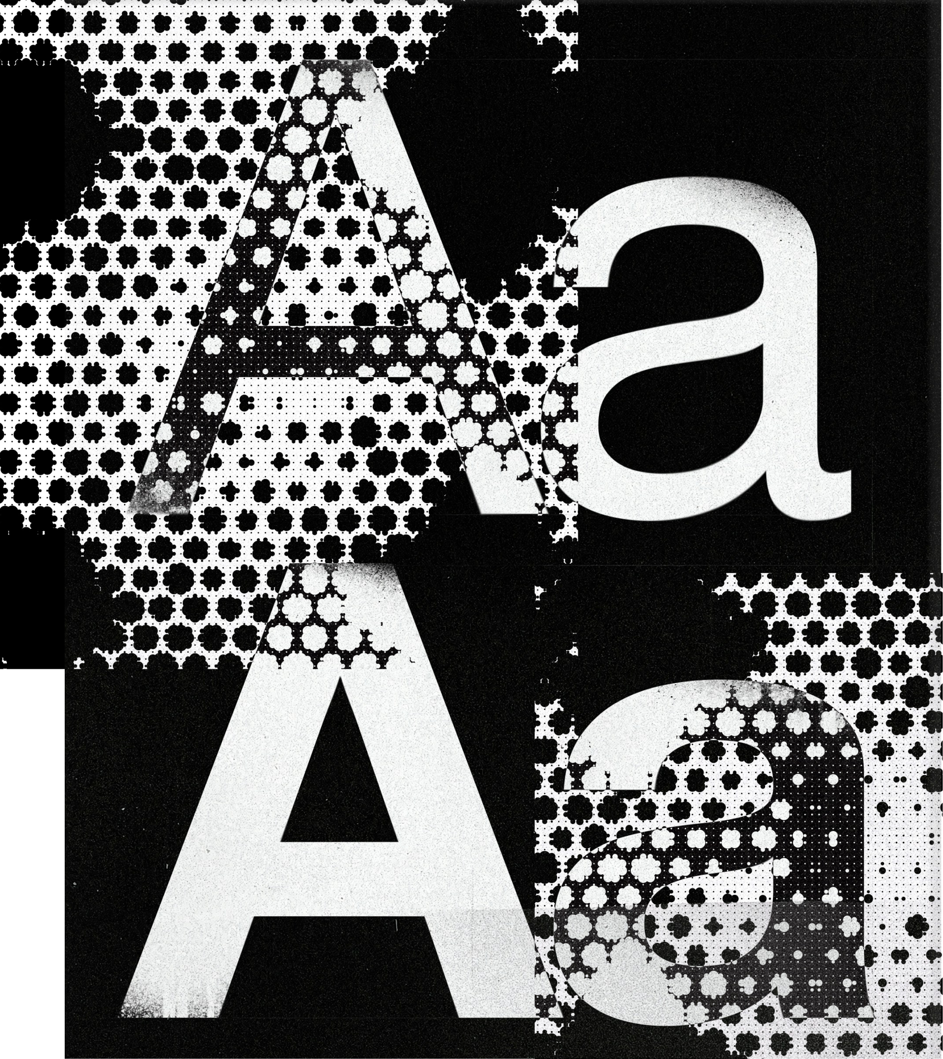 Black and white abstract graphic featuring the large white letter 'A' with various dot patterns in the background.