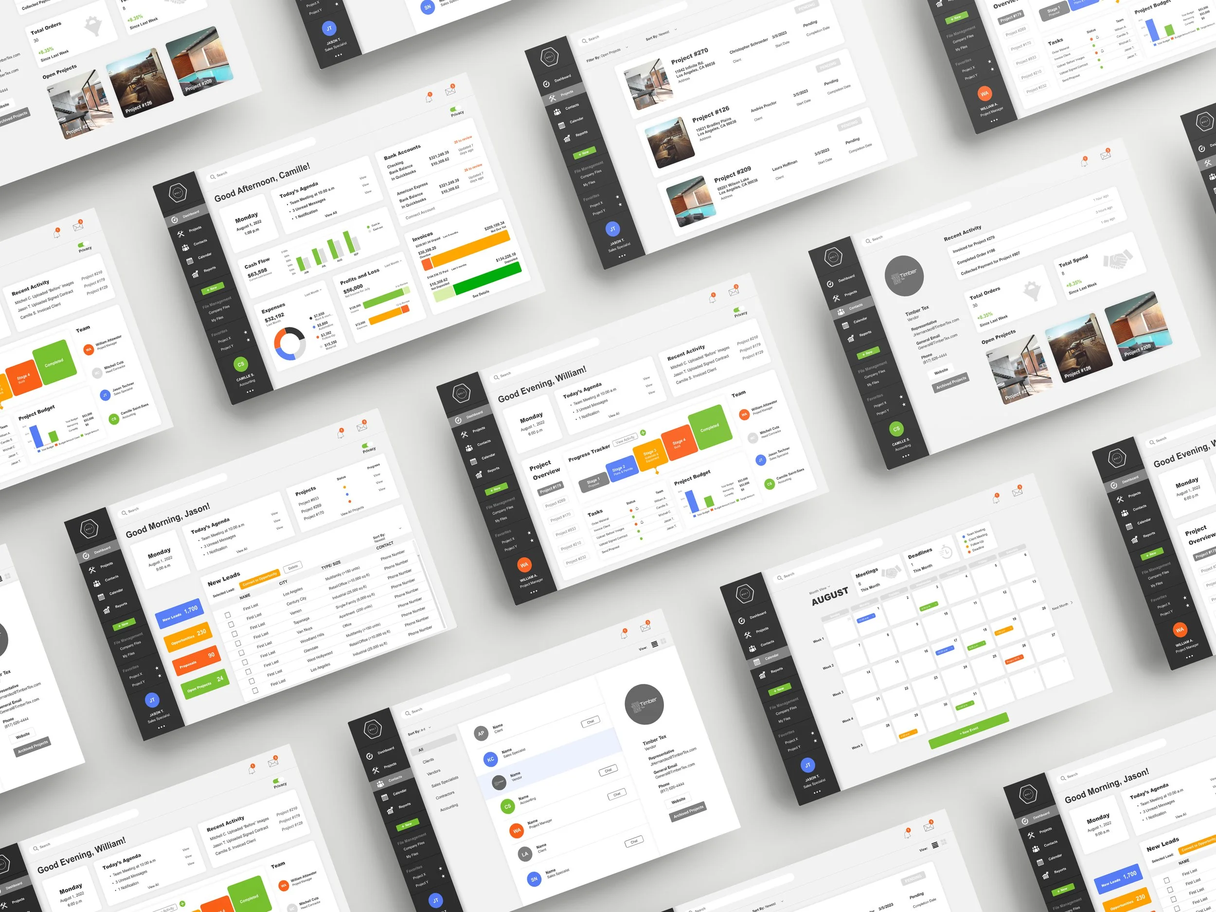 Multiple overlapping computer screens displaying project management and financial dashboards with charts, calendars, and task lists.
