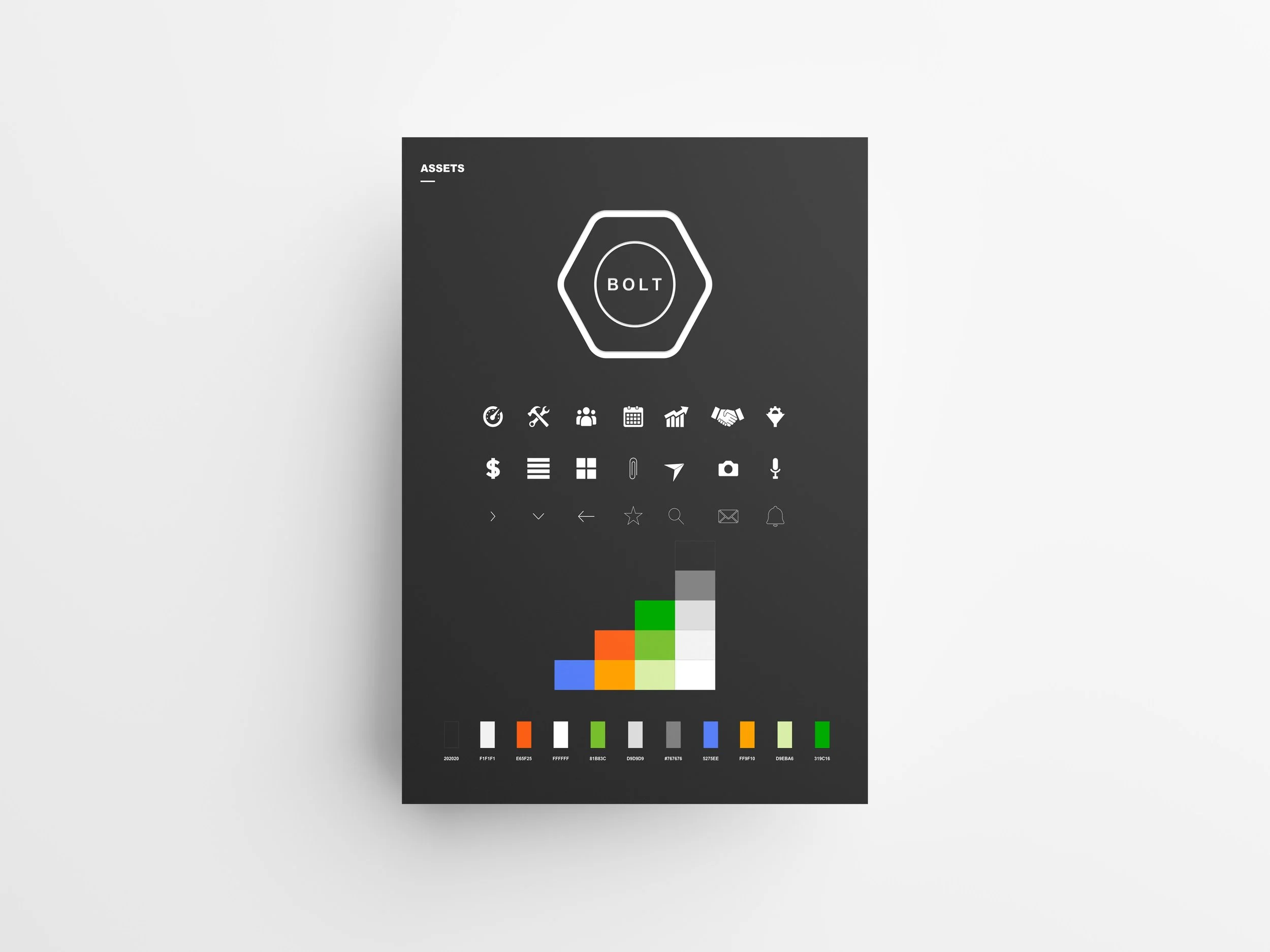 A screen showing a color calibration and test pattern with various icons and color swatches.