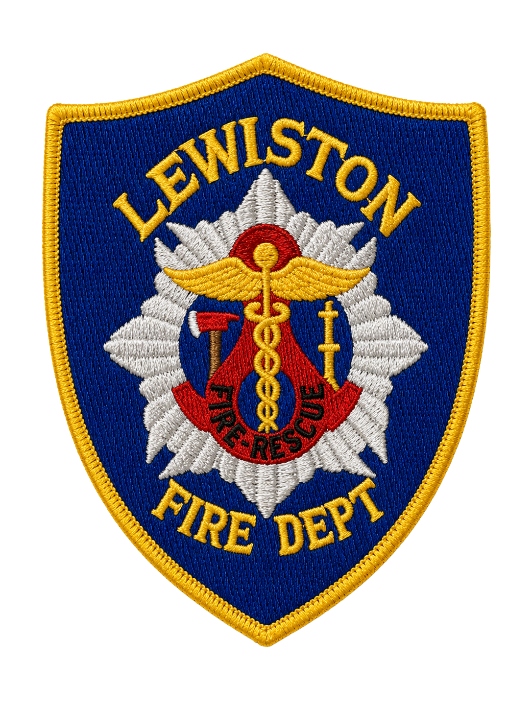 Star-shaped embroidered patch with blue background, yellow border, and text 'Lewiston Fire Dept' with a central emblem of a caduceus with wings, a fire helmet, axe, and sword.