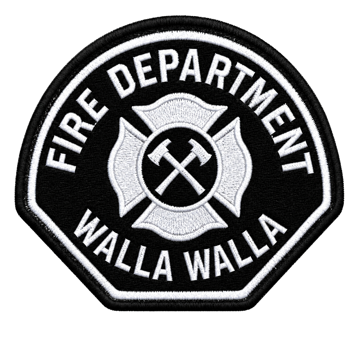 Fire Department badge for Wallala, featuring a black background with a white border, crossed axes, and a maltese cross in the center with a black circle.