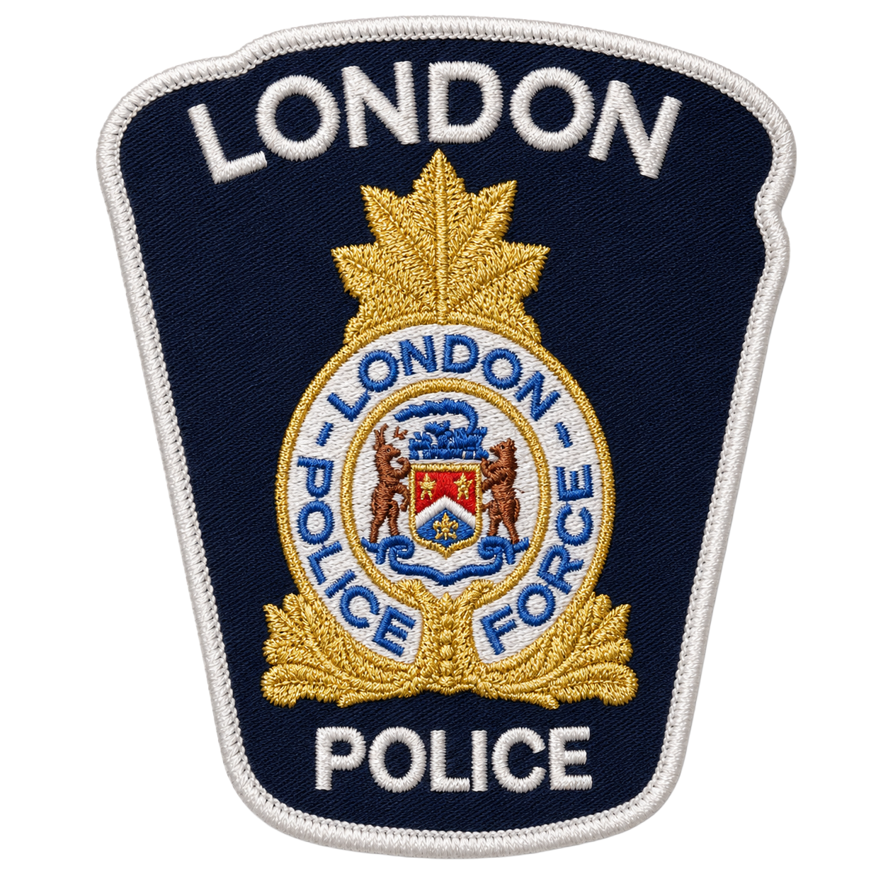 London Police Service badge embroidered patch with a navy background, gold decorative elements, and the London city shield at the center.