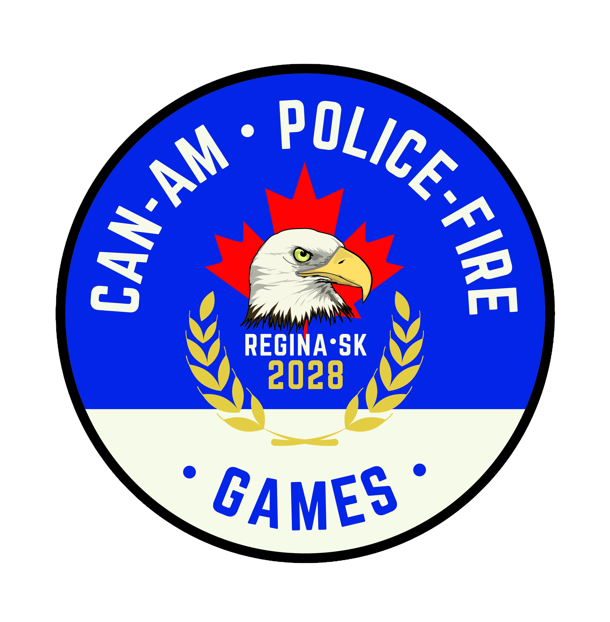 Badge with a blue background, featuring an eagle head, a red star, and the words 'Can-Am Police-Fire' and 'Games' with leaves around the border.