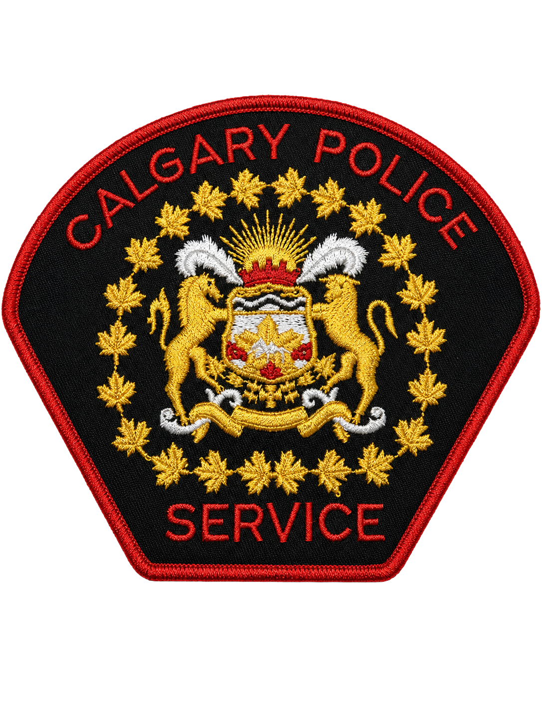 Calgary Police Service patch with black background, red border, and gold embroidered crest featuring two yellow lions, a shield with mountains, a sun, and red maple leaves, surrounded by gold maple leaves and the words 'Calgary Police' and 'Service' in red.