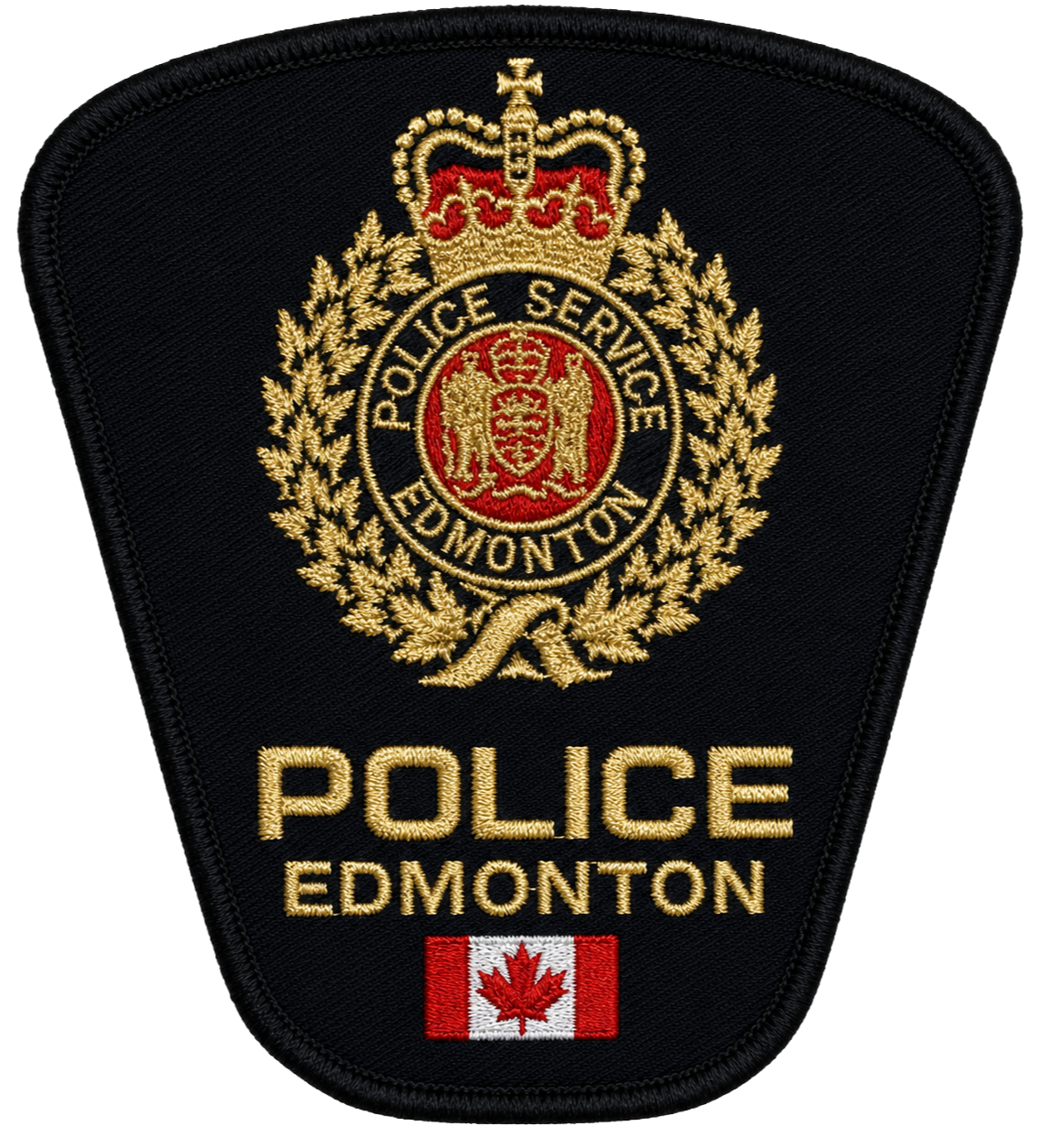 Embroidered police badge of Edmonton Police Service with a black background, gold and red crest, and a small Canadian flag at the bottom.