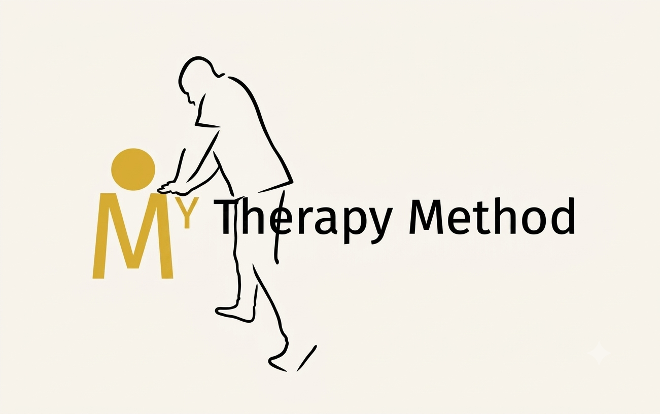 My Therapy Method logo featuring a line-art therapist icon and gold branding for physical therapy and injury rehabilitation.