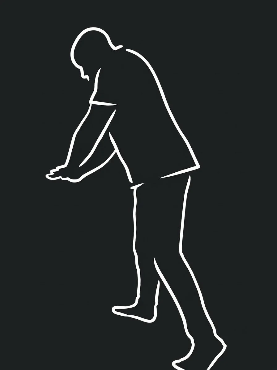A minimalist, premium line art illustration featuring a white neon-style outline of a male remedial sports massage therapist in profile, performing expert manual therapy techniques against a deep charcoal background.
