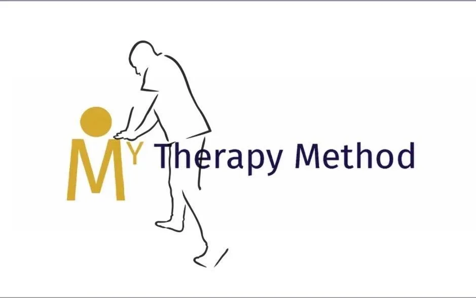 My Therapy Method brand logo featuring a gold monogram and an artistic line drawing of a sports massage therapist performing manual physical therapy therapy on a client, set against a clean white background.