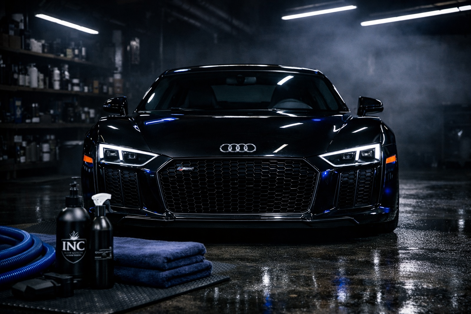 Black Audi sports car in a garage with cleaning supplies and towels in the foreground.