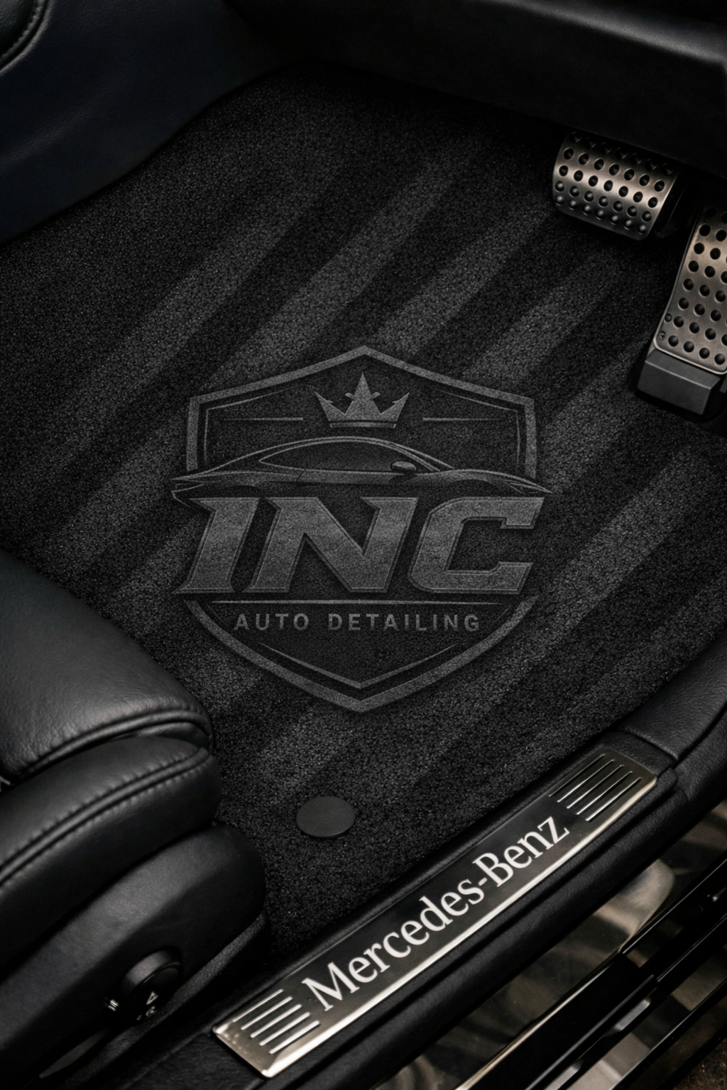 Car floor mat with TNC Auto Detailing logo, Mercedes-Benz branded door sill, and car pedals seen in the interior of a vehicle.