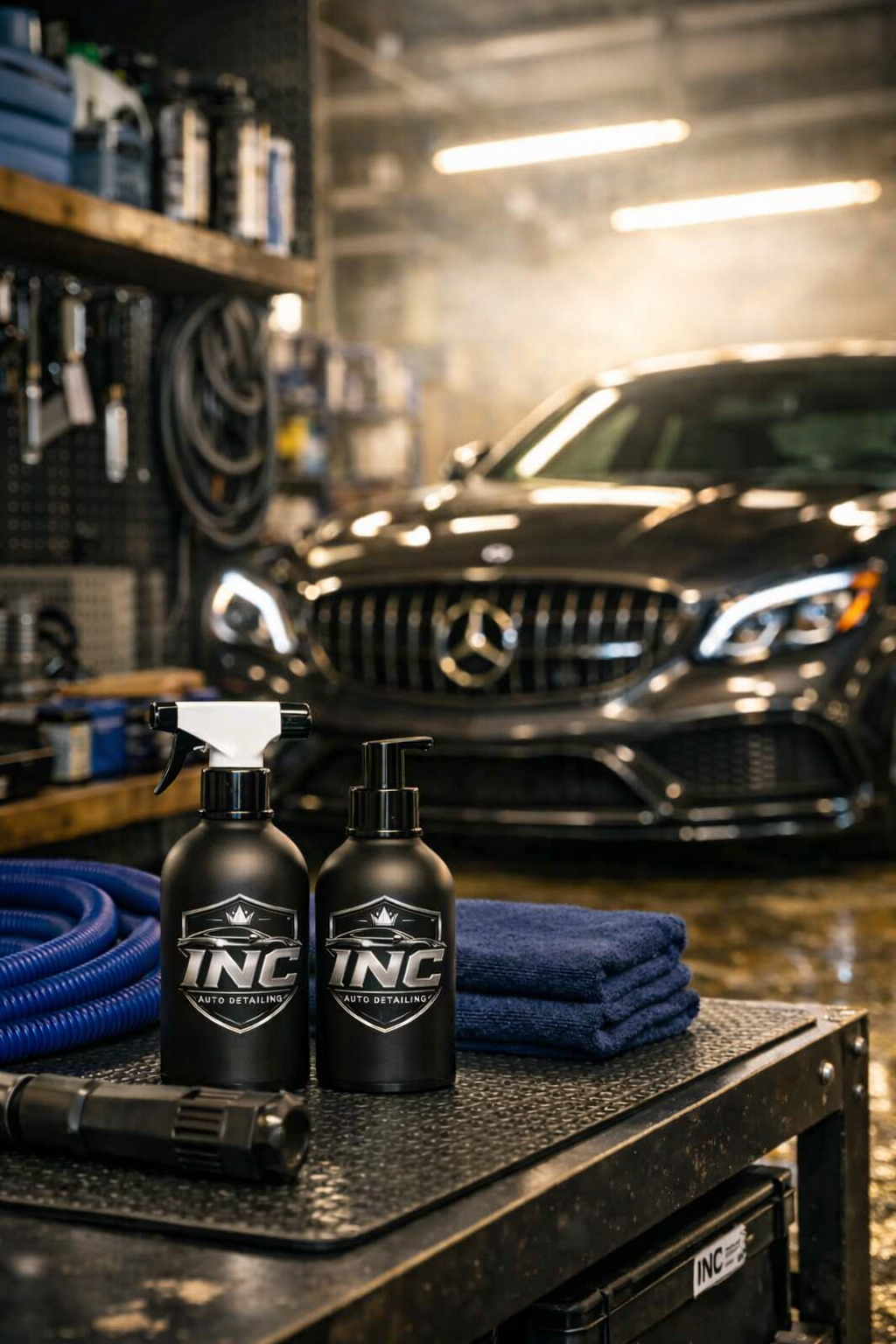 Inside an auto detailing garage, a black Mercedes-Benz car is parked with its front visible. On a workbench in the foreground, there are two black bottles labeled 'INC Auto Detailing,' a blue coiled hose, a folded blue towel, and a black handheld device. The background shows tools hanging on a pegboard and shelving with various supplies. The lighting is warm with reflective surfaces.